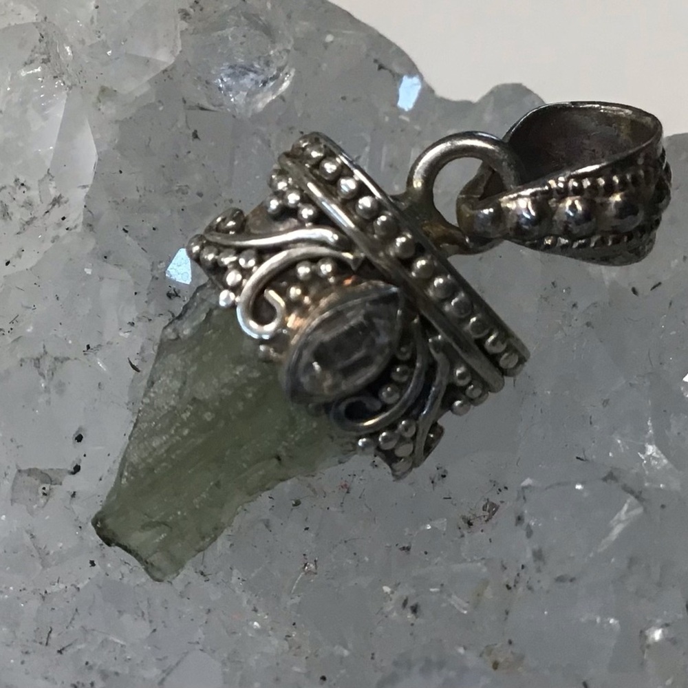 Sterling Moldavite & Herkimer Pendant - Picture 4 of 5